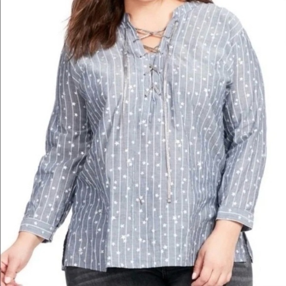 Johnny Was Workshop 2X Stars & Stripes Lace Up Blue and Silver Metallic Tunic